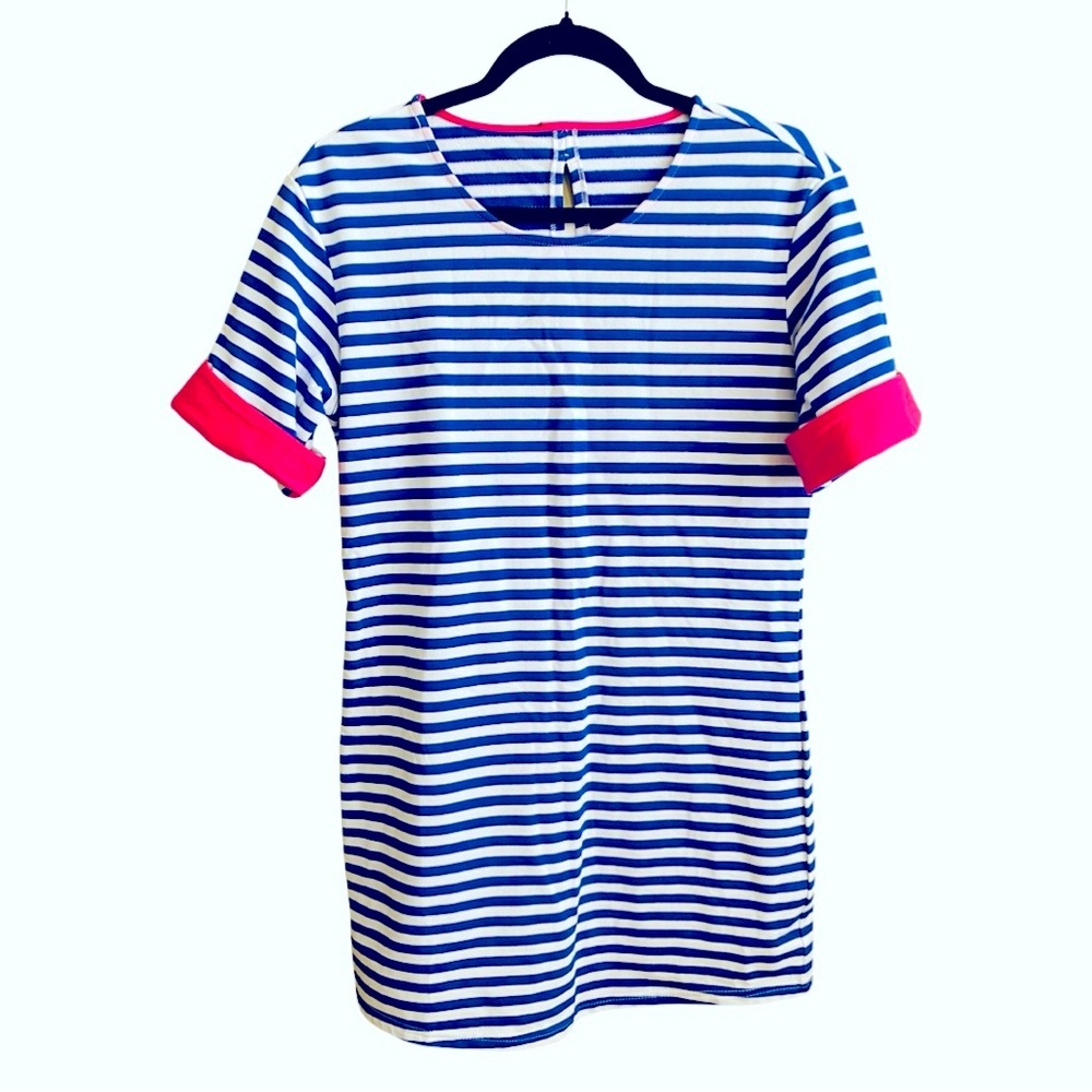 Goodnight Macaroon Dress 6 Blue White Stripes Mini Cotton Blend Pink Cuffs